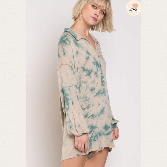 New! Faith Mocha/Teal Hand Dip Dye LS Romper - Picture 8 of 9